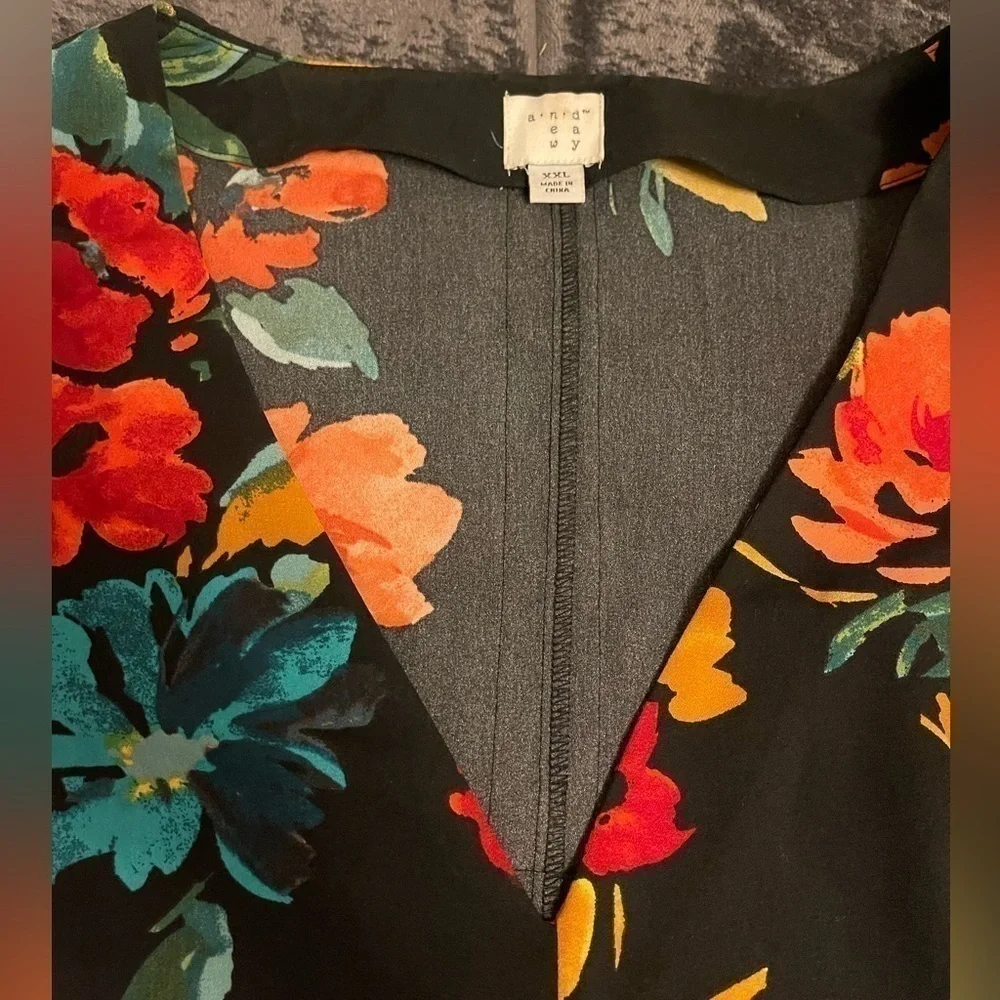 a new day Black Floral V-Neck Dress with Red, Teal & Yellow Blooms - Picture 2 of 3